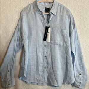 NEW Nicole Miller New York 100% linen blue button down shirt roll sleeves size M